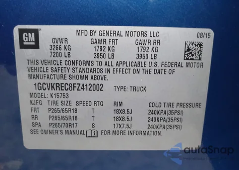 2015 Chevrolet Silverado 1500 2Lt from USA, damaged, VIN 1GCVKREC8FZ412002